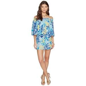 Lilly Pulitzer Blue Arbelle Tropical Print Off the Shoulder Romper Size XXS